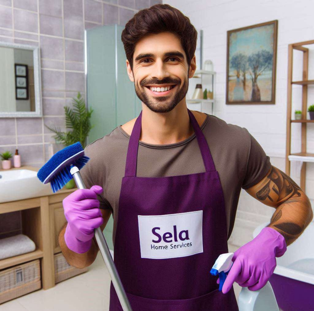 Un homme portant un tablier se tient debout, tenant un balai dans une main et une serpillière dans l'autre, prêt à nettoyer.