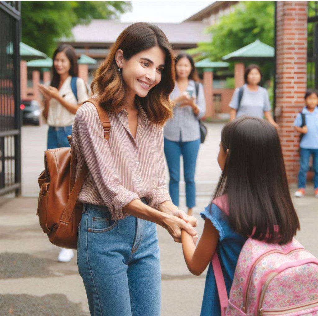 Une femme et une petite fille se serrent la main, symbolisant une salutation chaleureuse ou une présentation entre elles.