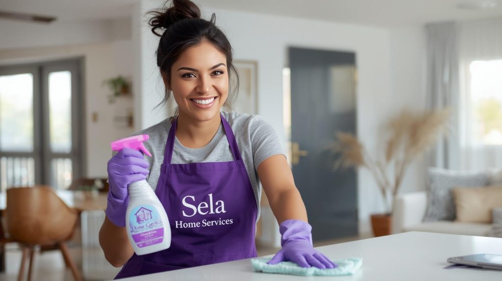 Une femme portant des gants violets et un tablier nettoie une cuisine, en se concentrant sur les comptoirs et les appareils électroménagers.