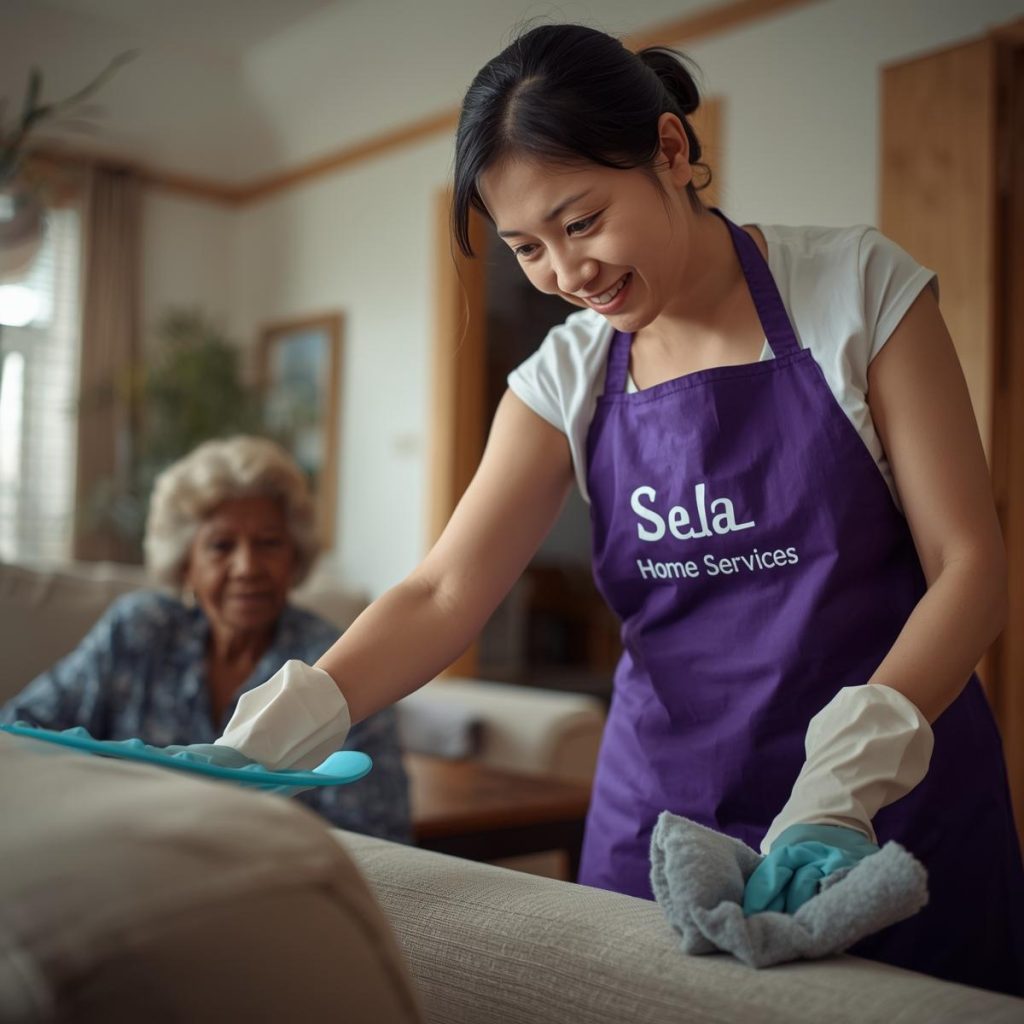 Une femme portant un tablier violet nettoie un canapé avec un chiffon, en se concentrant sur l'élimination des taches.